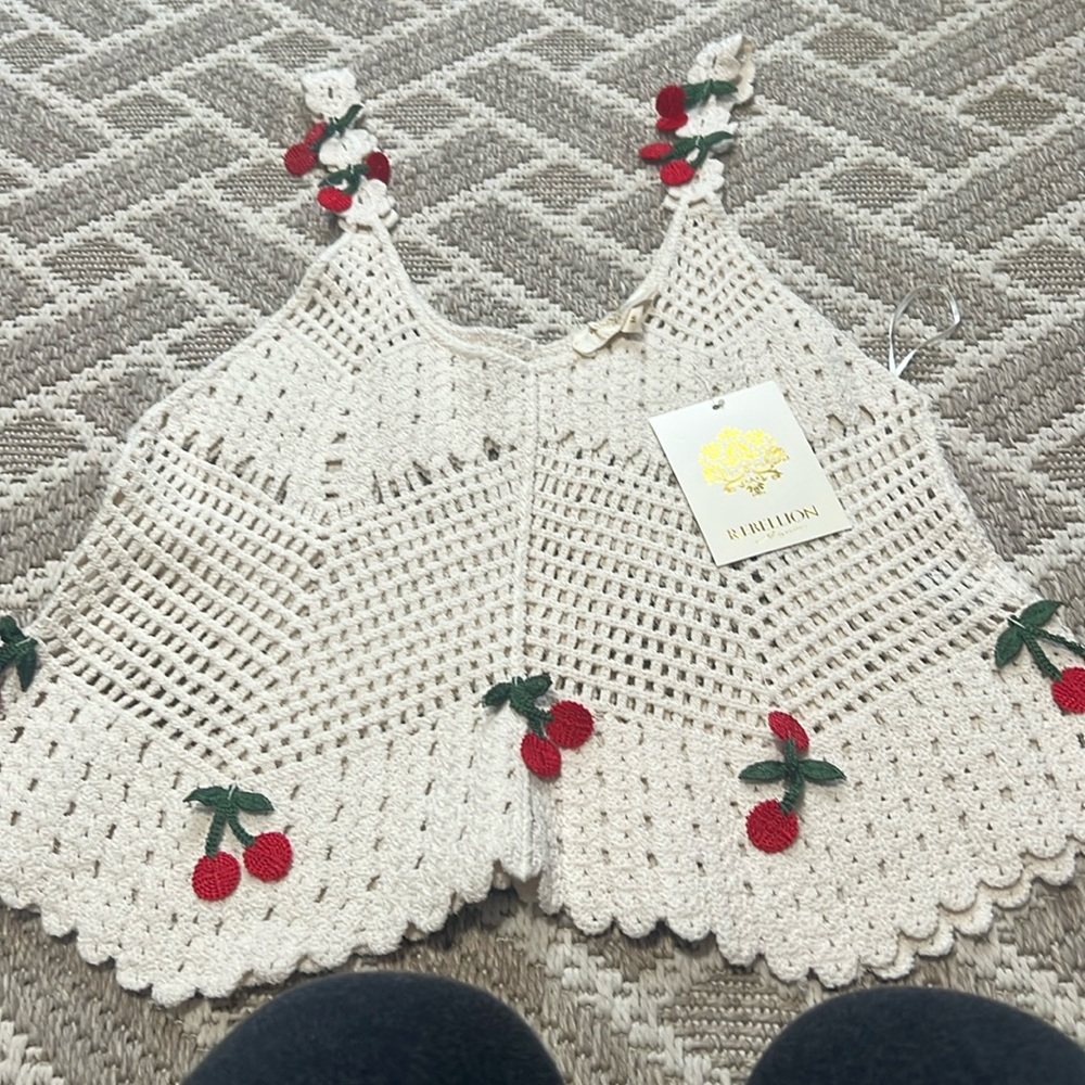 Rebellion Cream Crochet Cherry Tank Top